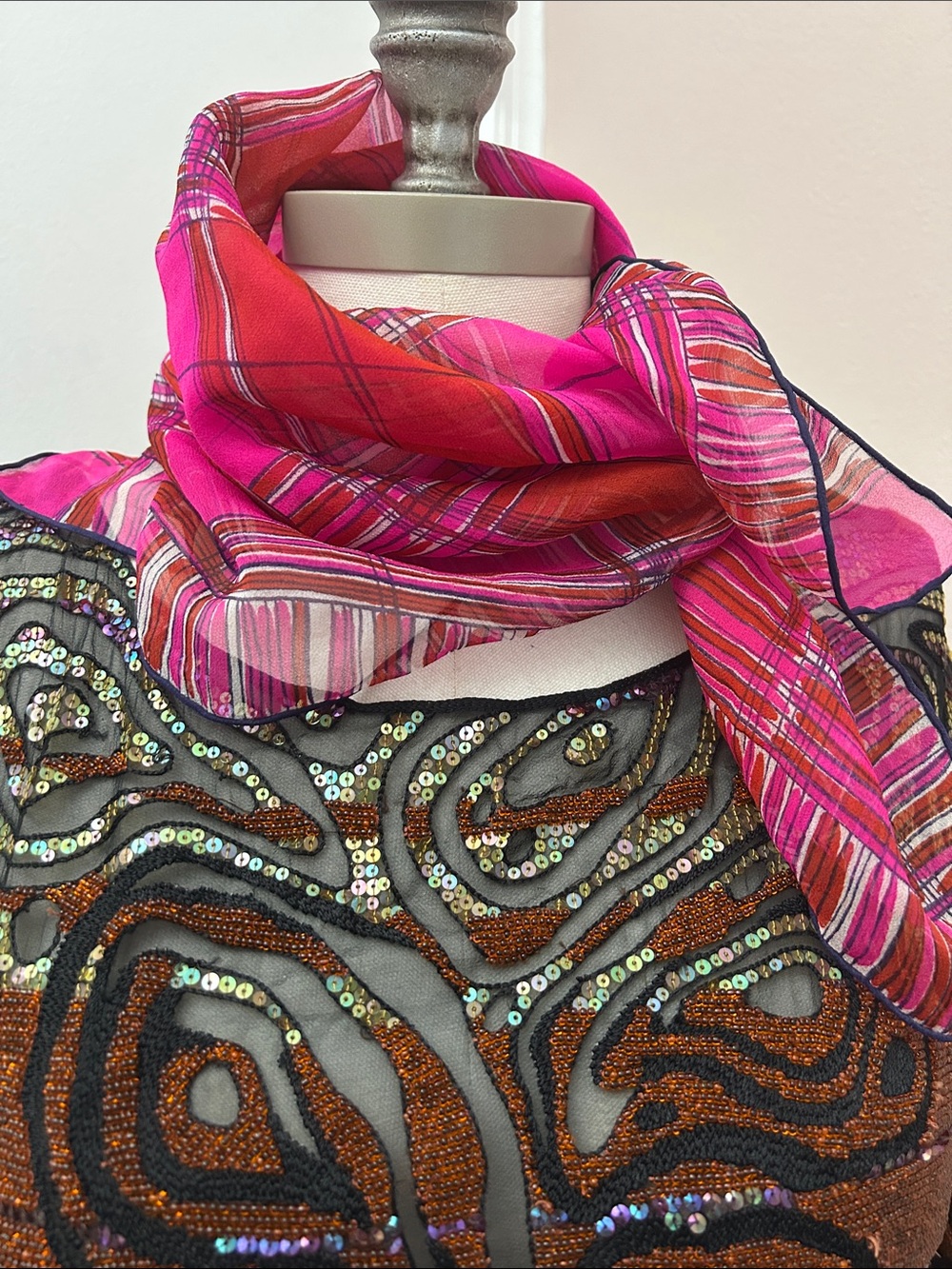 Ugna silk chiffon Vibrant Pink & red Plaid Square Scarf printed look rolled hem